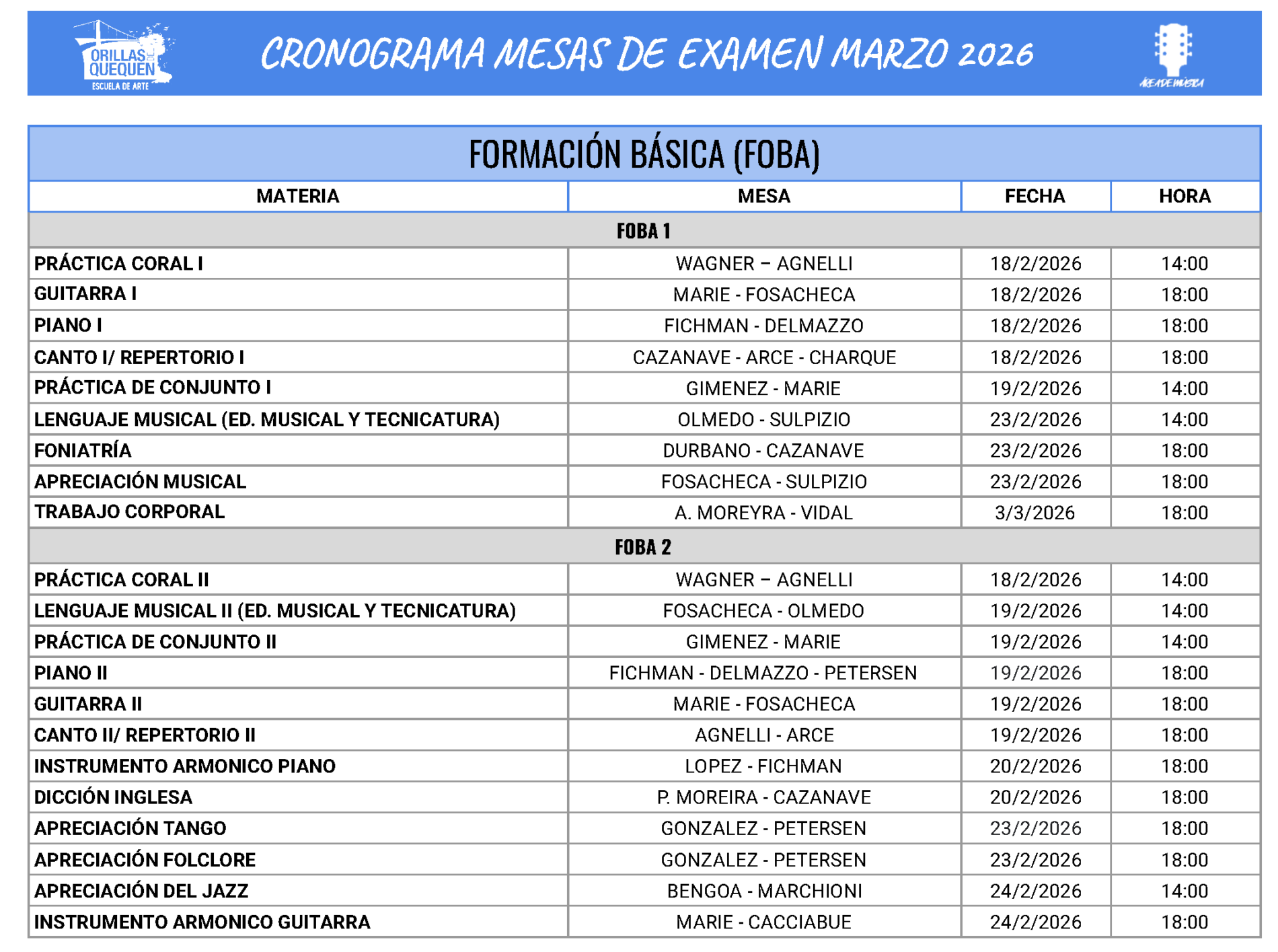 Mesas de Examen | MARZO 2026 | Estudiantes – Escuela Provincial de Arte ...